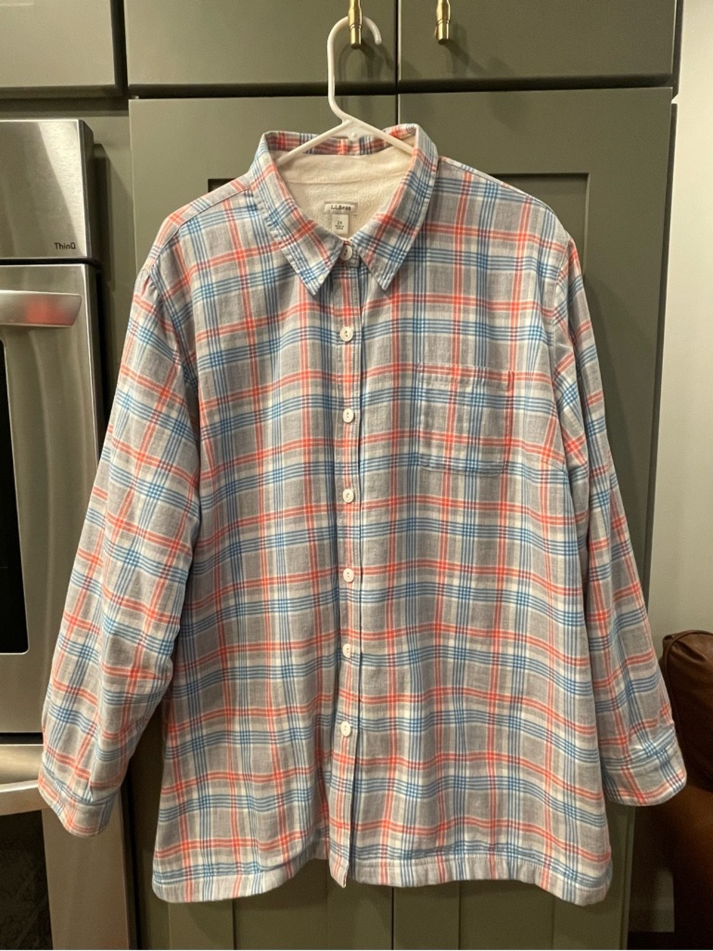 LL Bean women’s 2x Plaid Button-Up Shirt in Light Blue & Coral.